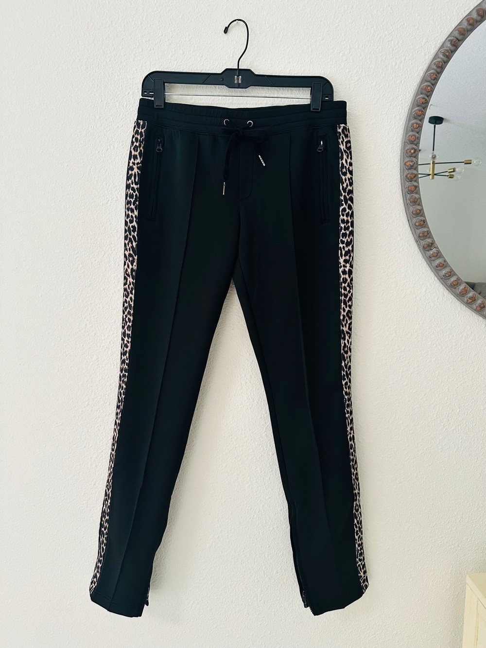 Pam & Gela Black Track Pants with Leopard Side Stripe